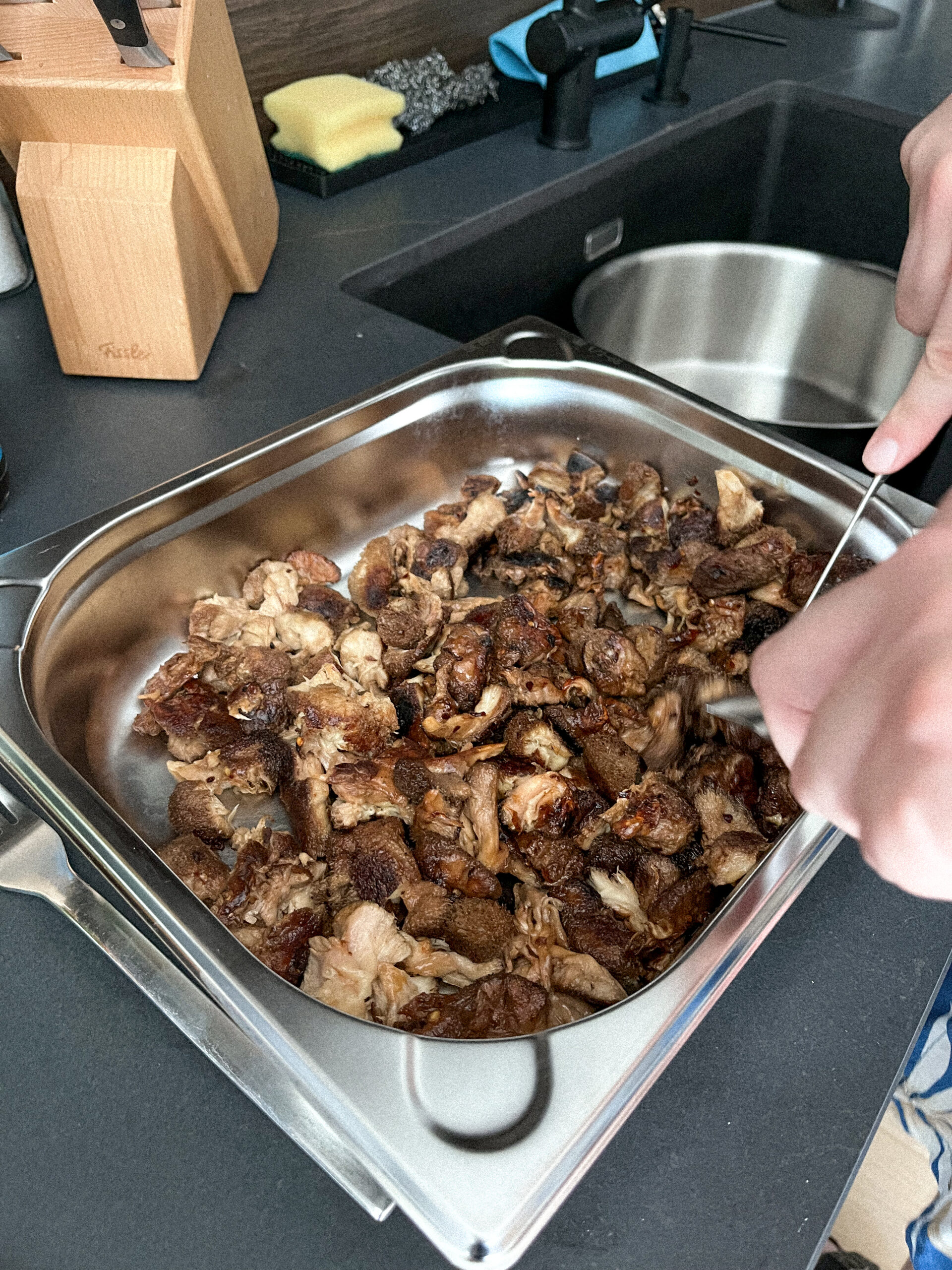 Gebratener Lions Mane und Igelstachelbart als leckerer Fleischersatz in Form von Pulled Mushroom, gezüchtet von der Pilzfarm BetterMyco